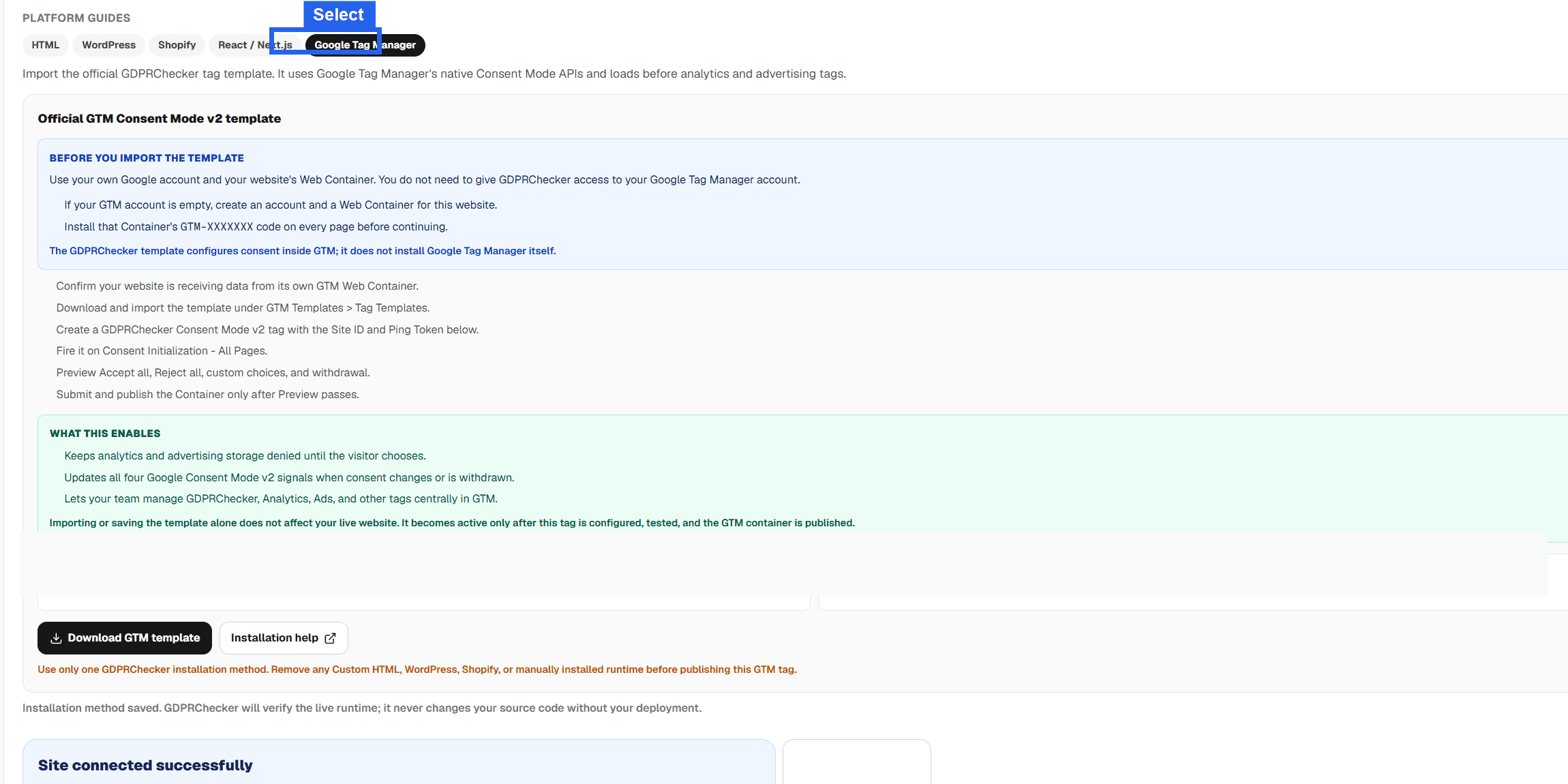 GDPRChecker installation panel with the Google Tag Manager platform tab selected