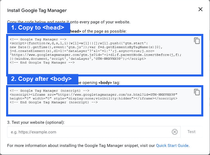 Google Tag Manager installation dialog showing the head and body code snippets