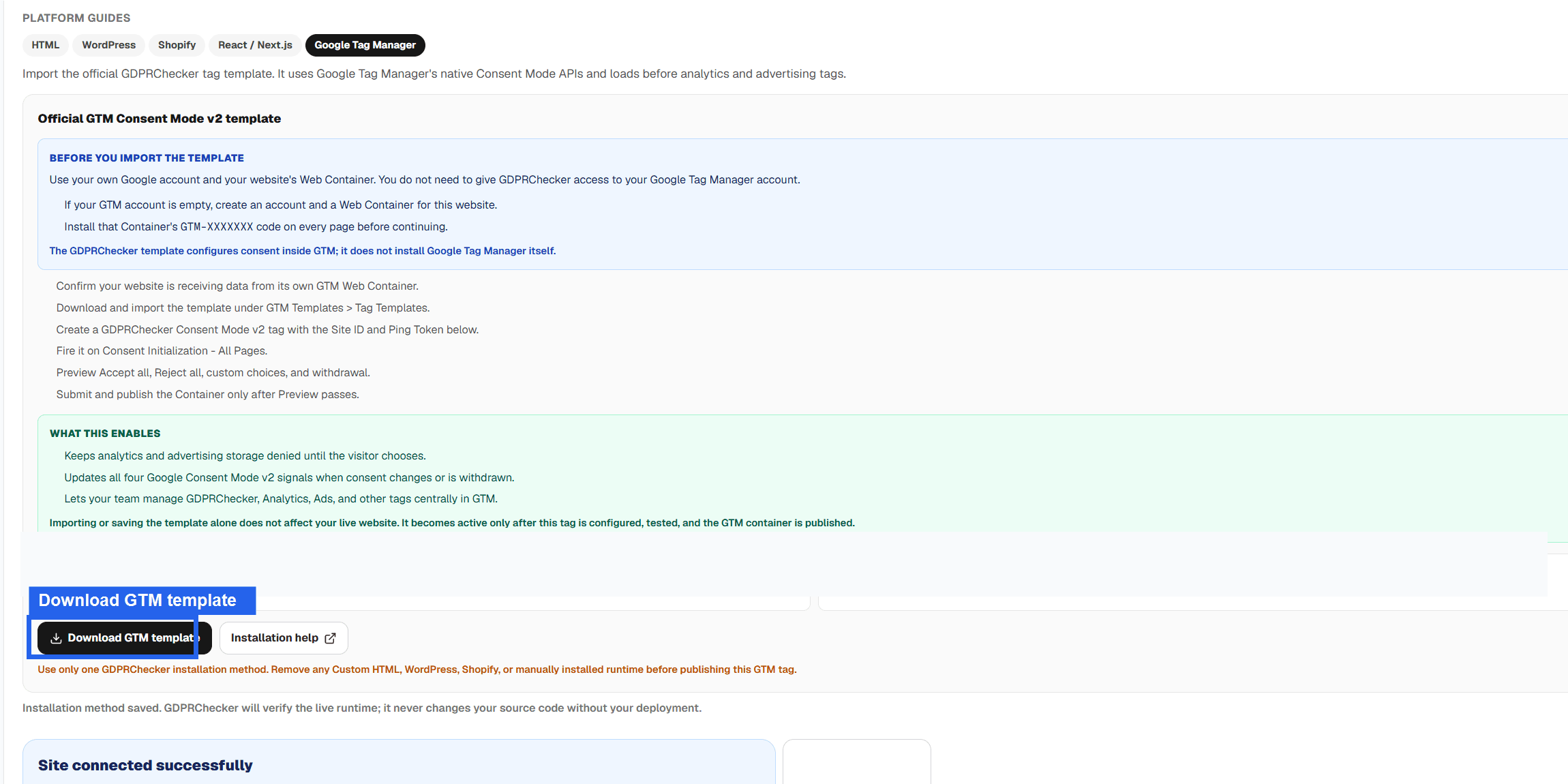 GDPRChecker Google Tag Manager installation panel with the Download GTM template button