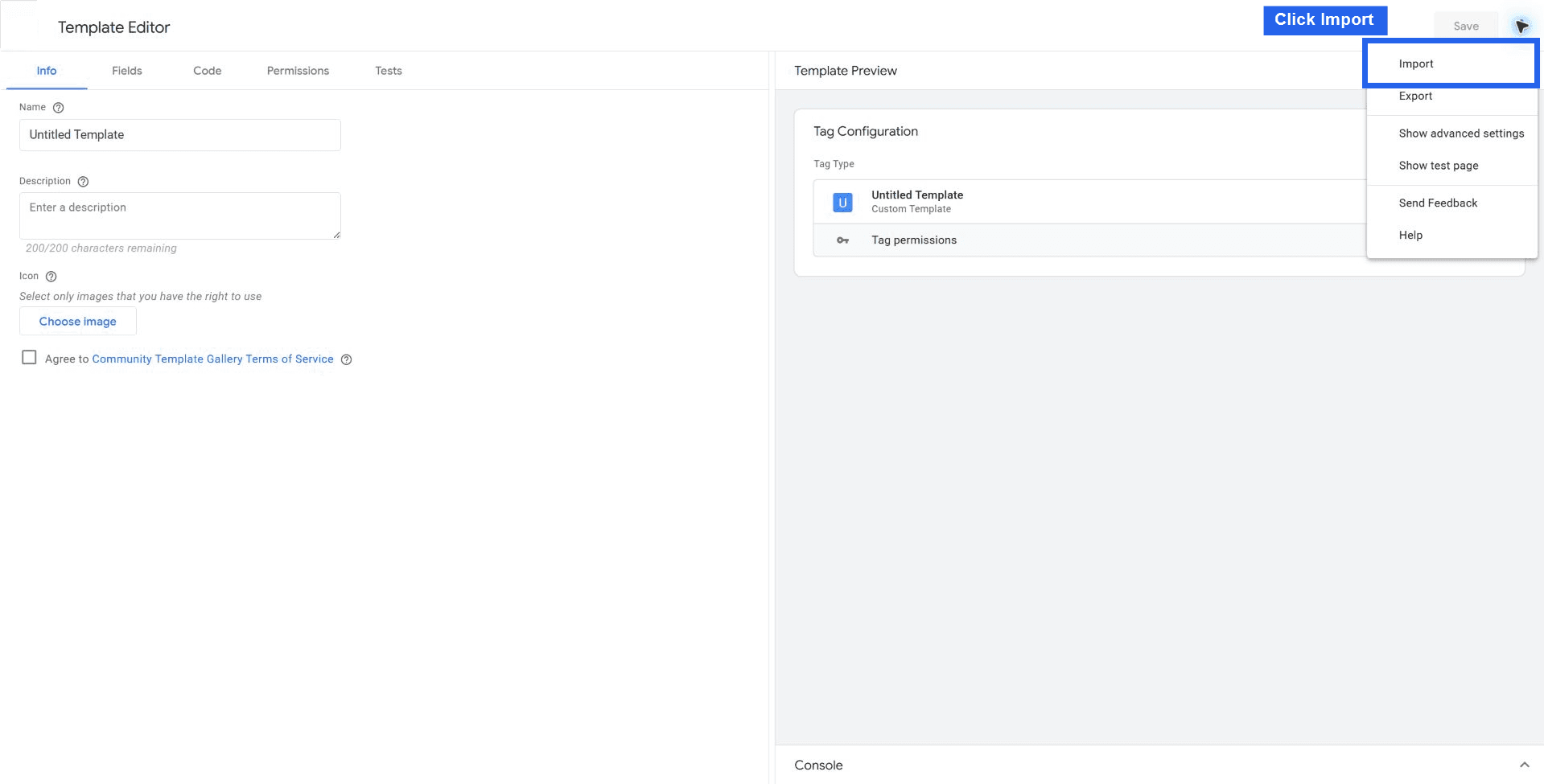 Google Tag Manager template editor with the three-dot menu open and Import selected