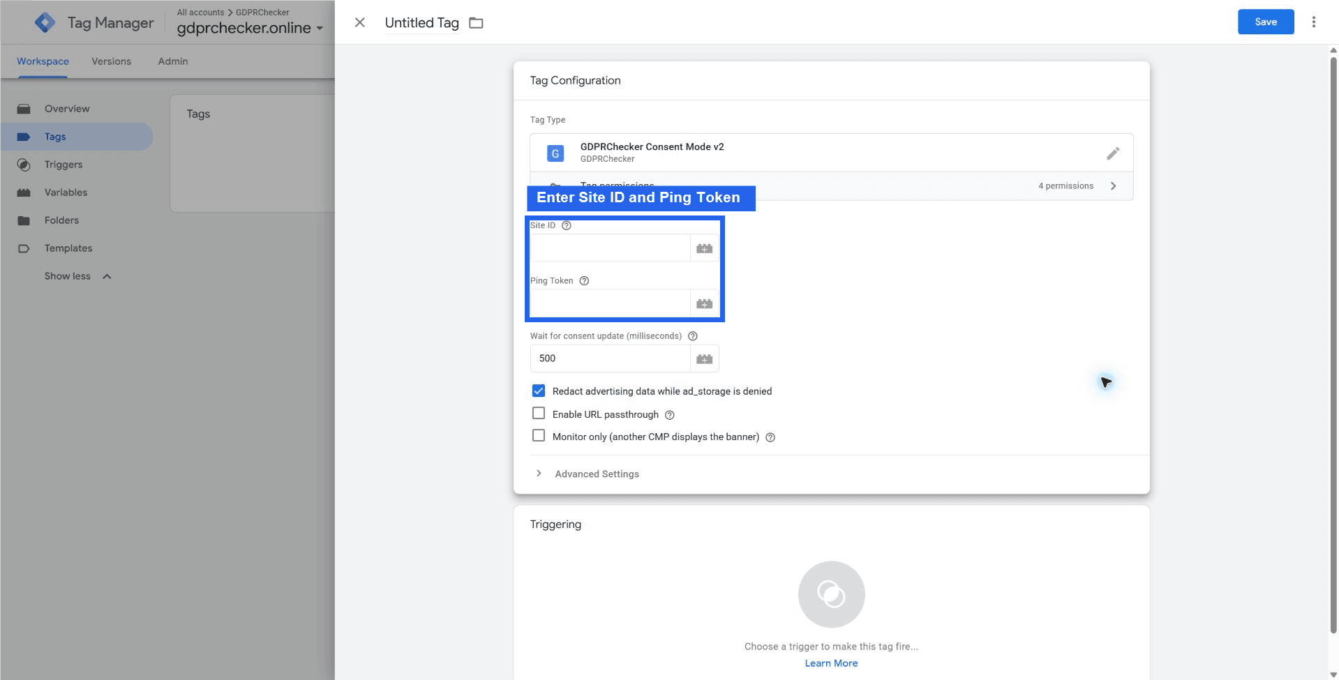 GDPRChecker Consent Mode v2 Tag configuration with empty Site ID and Ping Token fields
