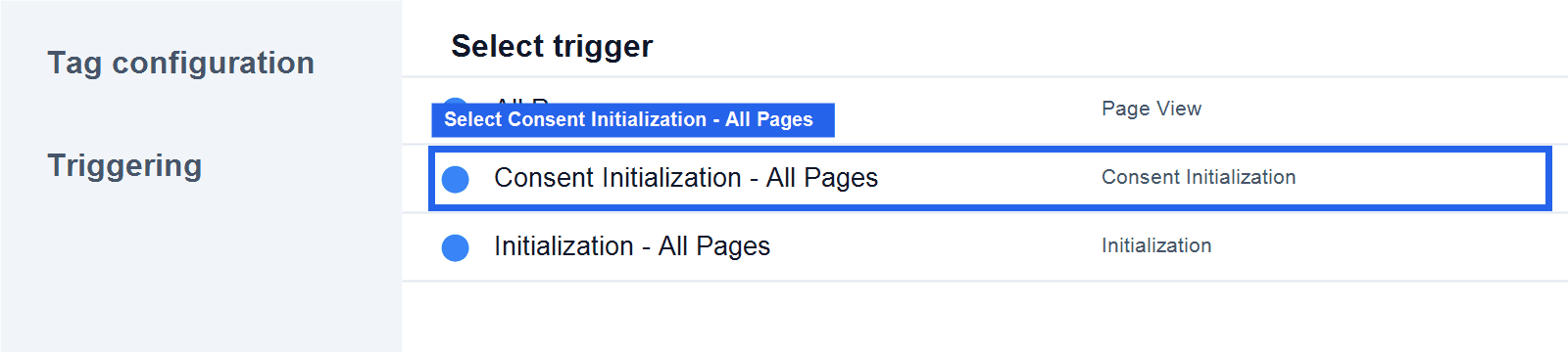 Google Tag Manager trigger picker showing Consent Initialization - All Pages