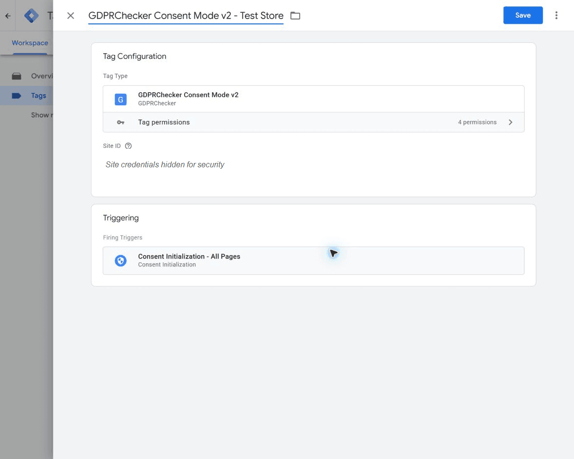 Saved GDPRChecker Consent Mode v2 tag with credentials hidden and Consent Initialization trigger selected