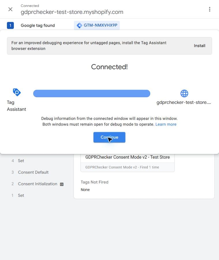 Google Tag Assistant connected to a website with the expected GTM container found