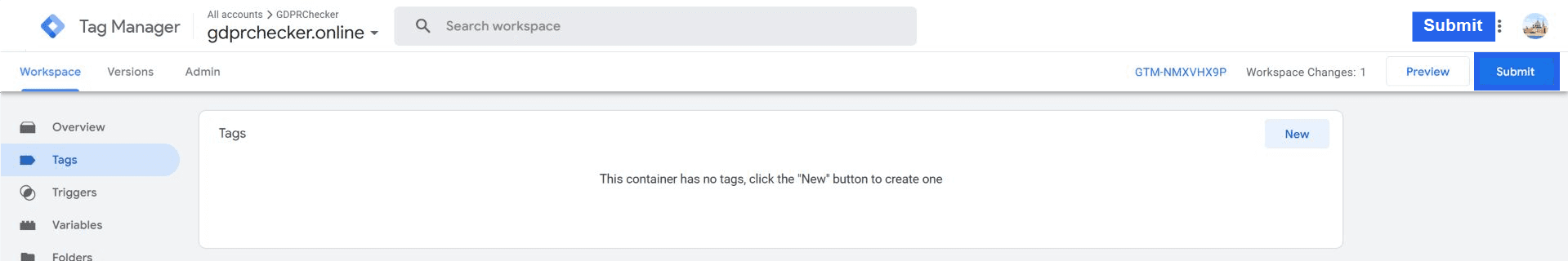 Google Tag Manager workspace with Preview and Submit buttons in the top toolbar