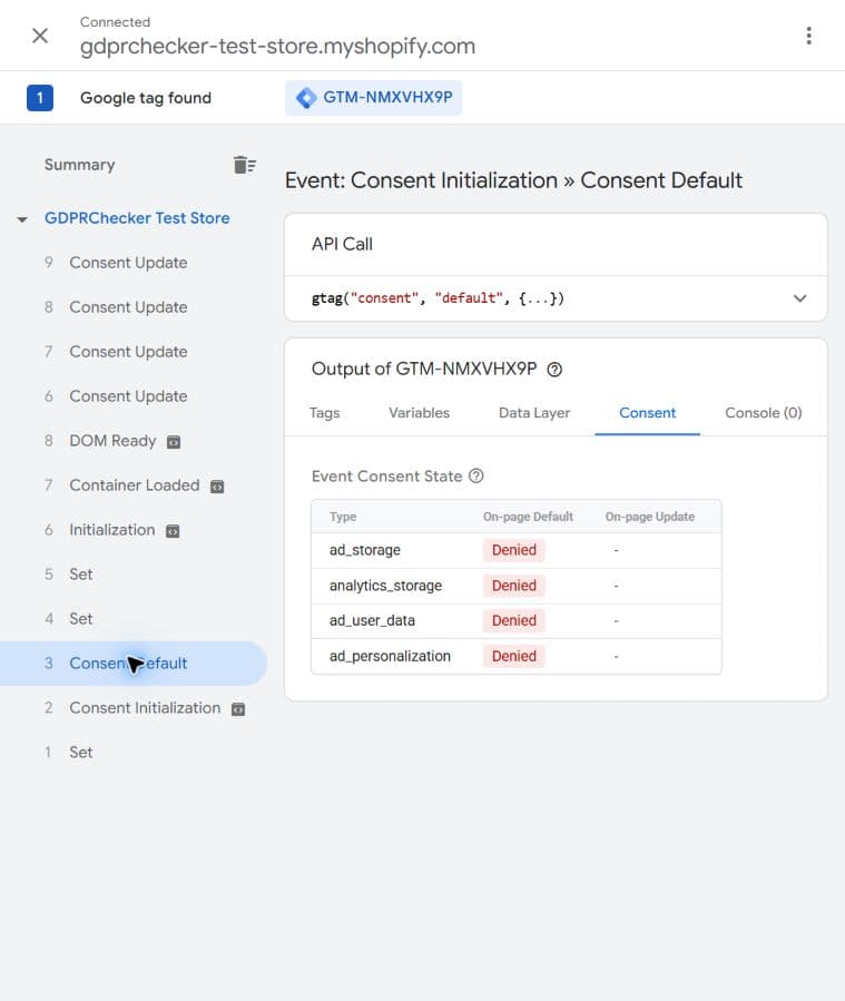 Tag Assistant Consent tab showing all four Consent Mode v2 defaults denied