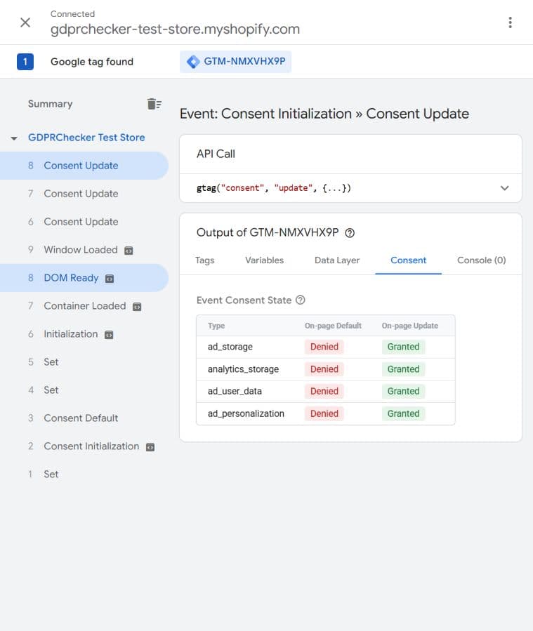 Tag Assistant Consent tab showing all four Consent Mode v2 signals granted after Accept all