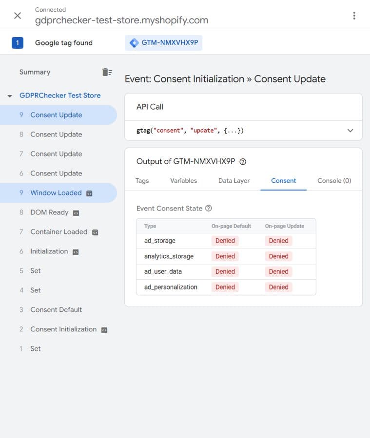 Tag Assistant Consent tab showing all four Consent Mode v2 signals denied after consent withdrawal