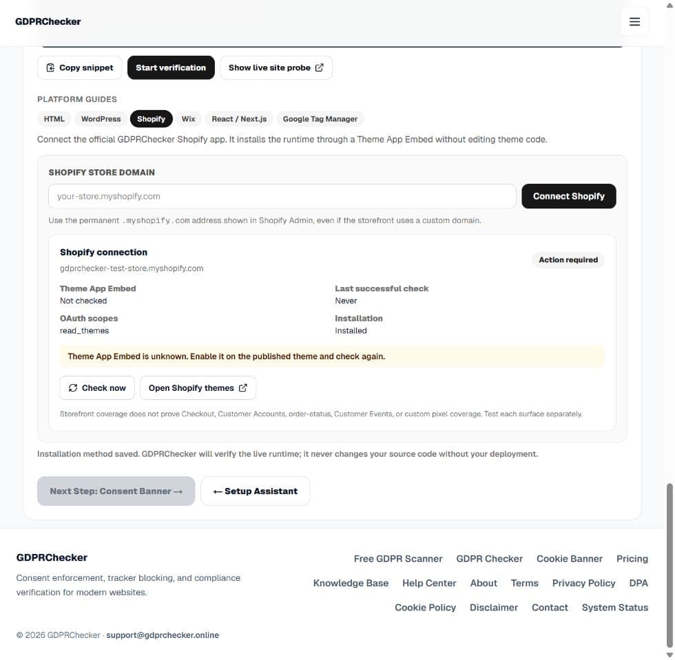 GDPRChecker install protection page with Shopify selected and the Shopify connection card visible