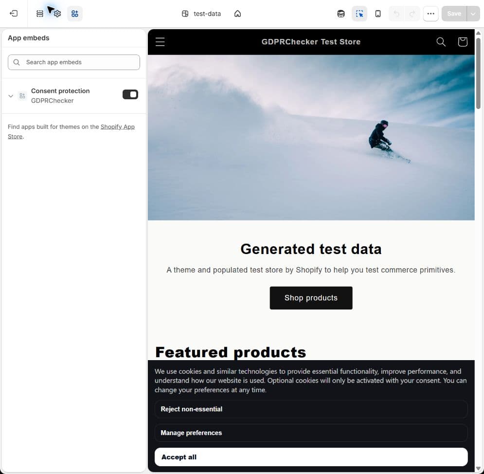 Shopify theme editor App embeds panel with GDPRChecker Consent protection enabled