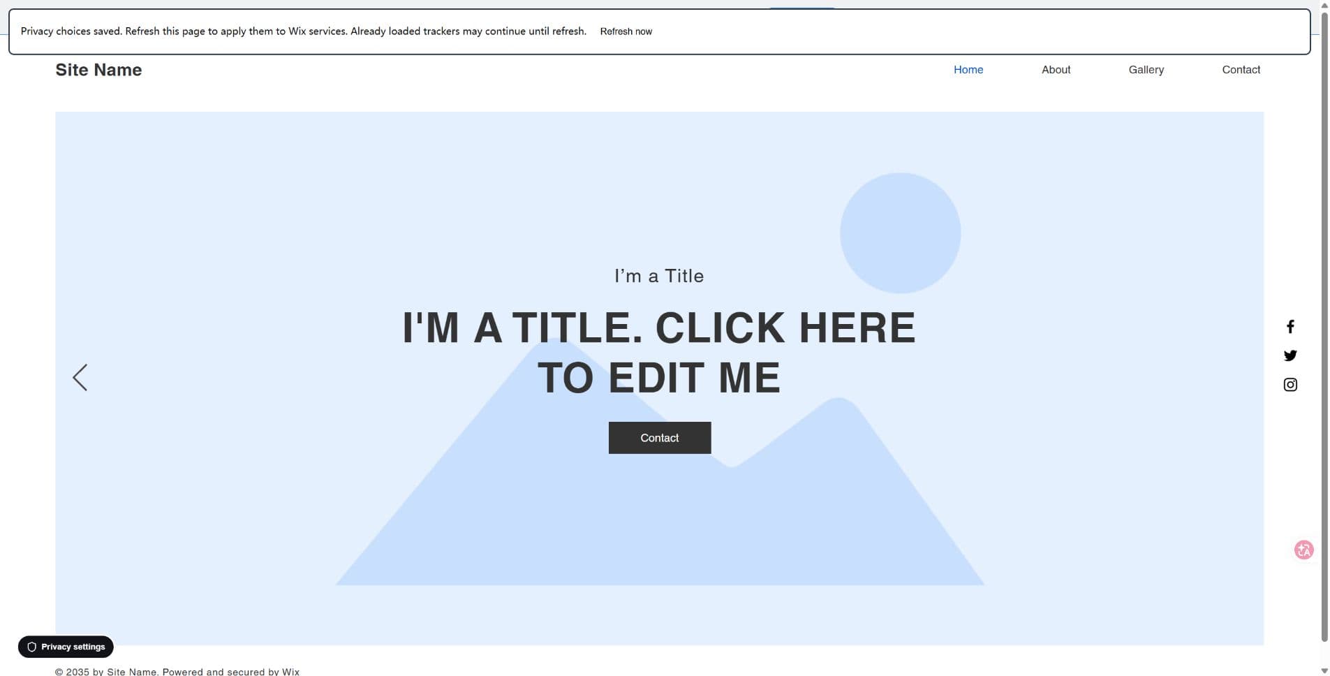 Wix live site showing GDPRChecker privacy choices saved and a Refresh now button