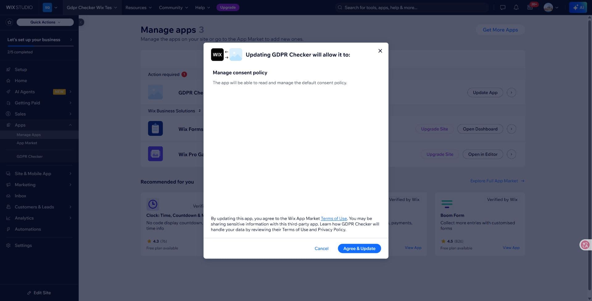 Wix permission update requesting Manage consent policy with Agree and Update button