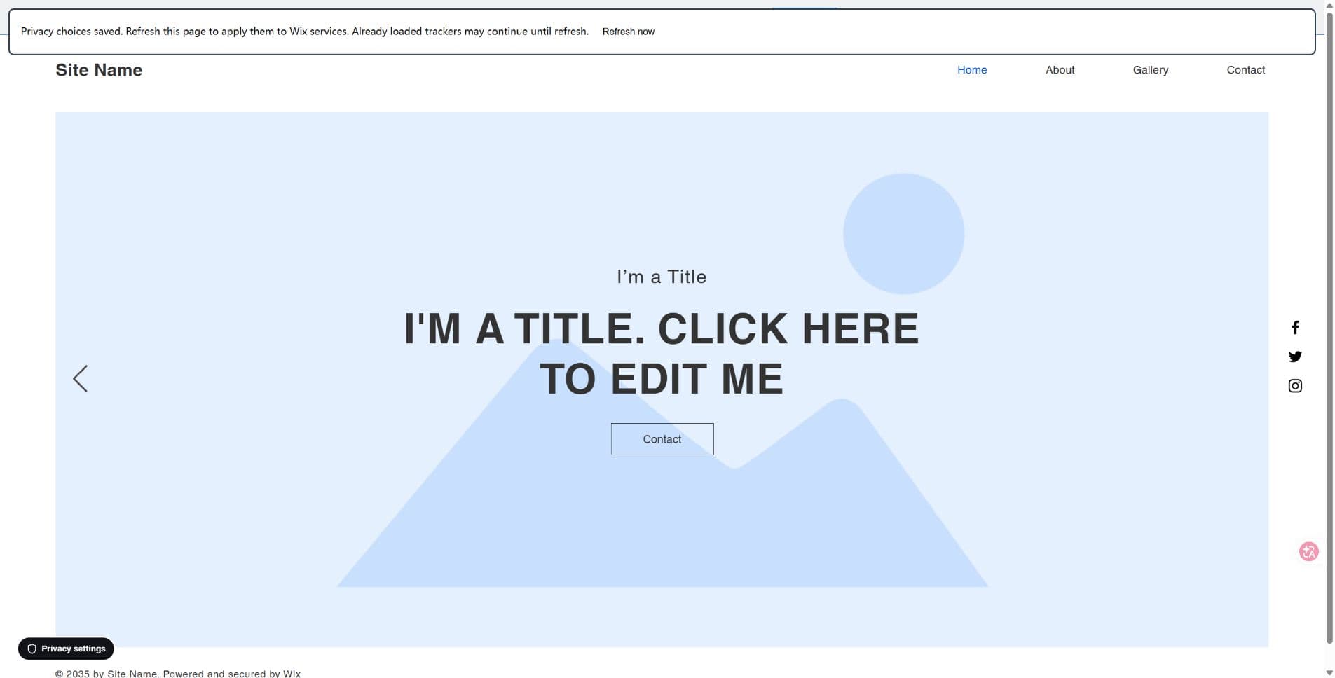 Published Wix site showing the confirmed refresh notice after optional consent was withdrawn