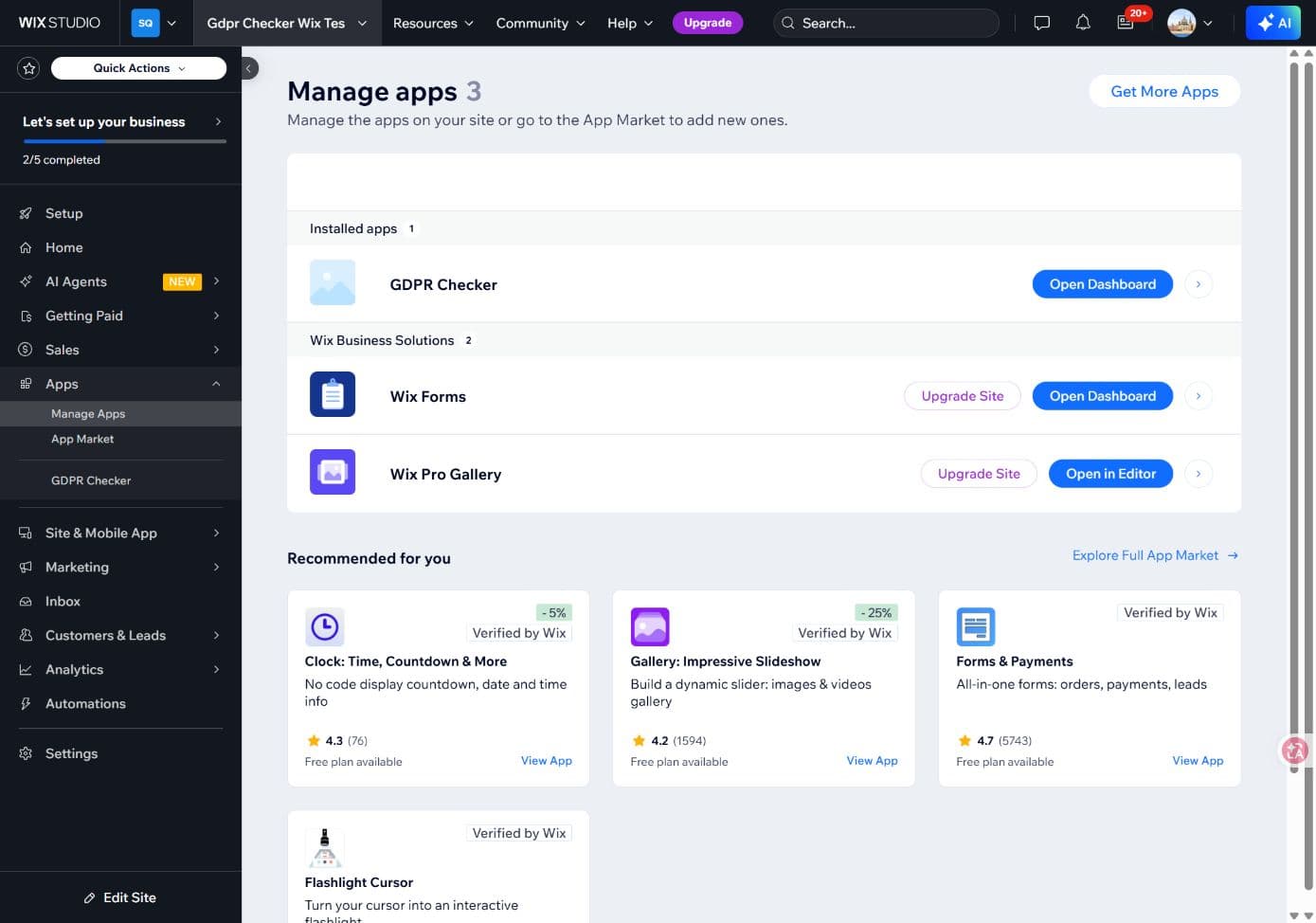 Wix Manage Apps showing GDPR Checker installed