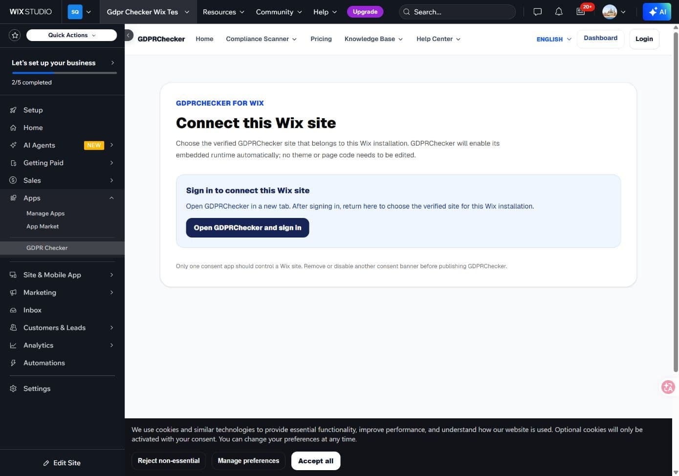 GDPRChecker Wix dashboard asking the site owner to sign in in a new tab