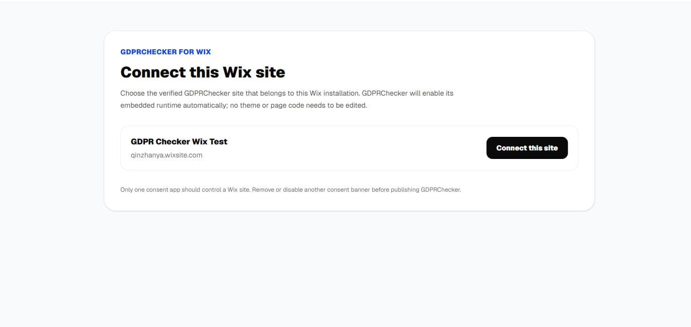 GDPRChecker for Wix showing the verified site and Connect this site button