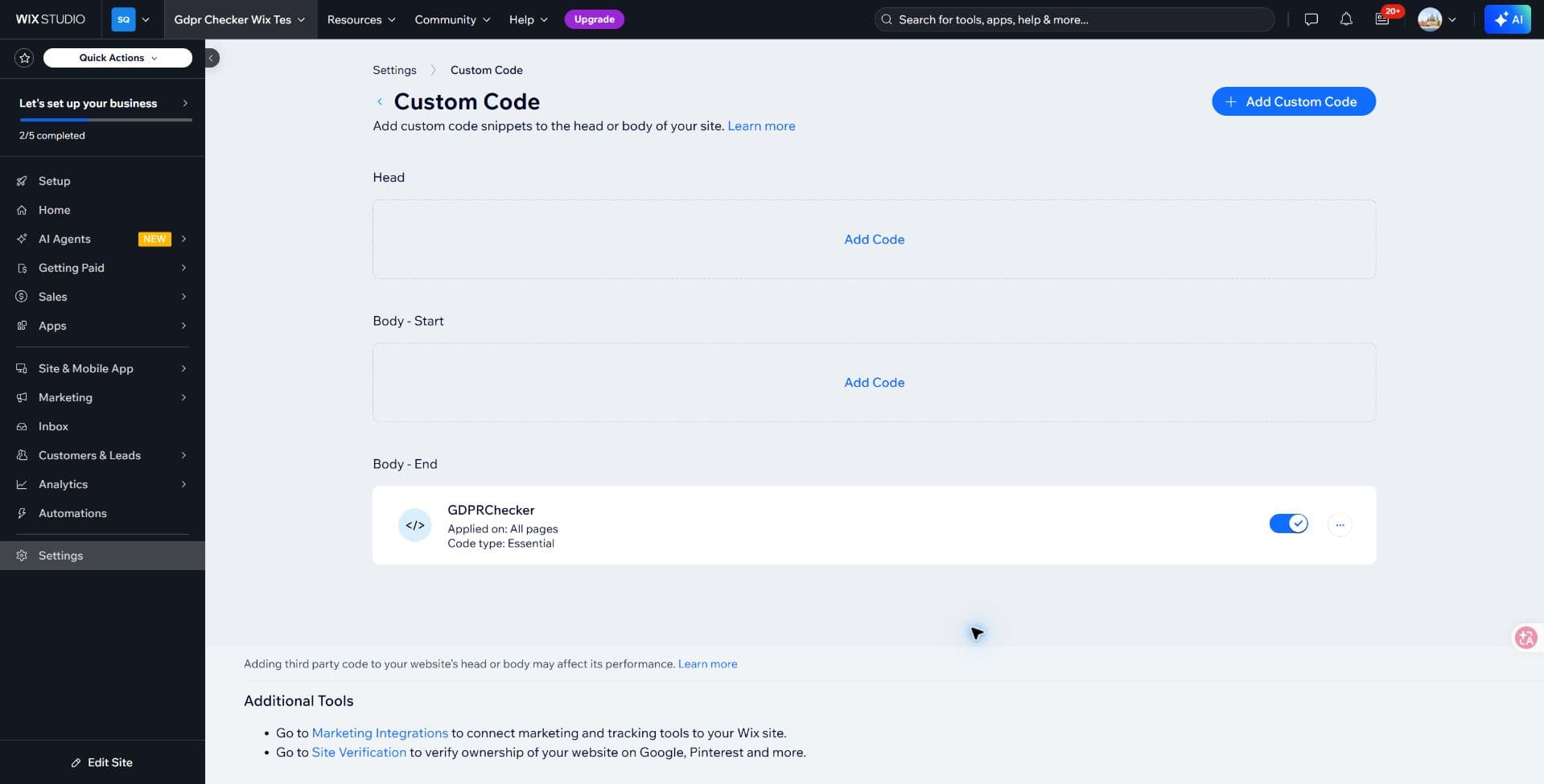 Wix Custom Code showing GDPRChecker enabled on all pages in Body End as Essential code